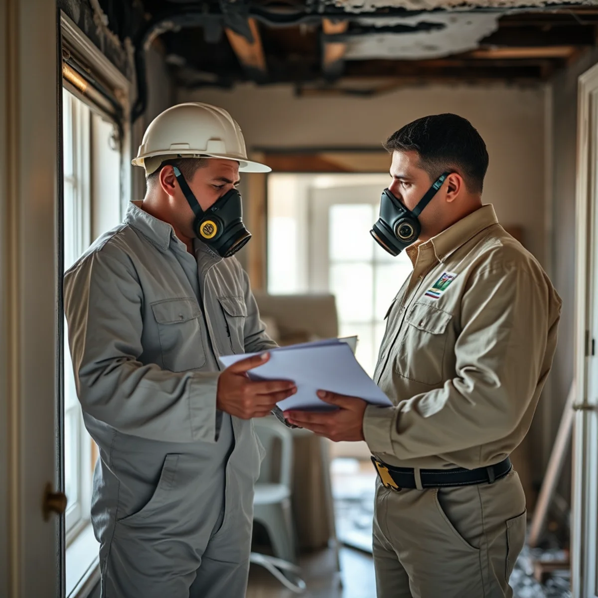 Contractor comparing repair and rebuild options in a fire-damaged Atlanta home