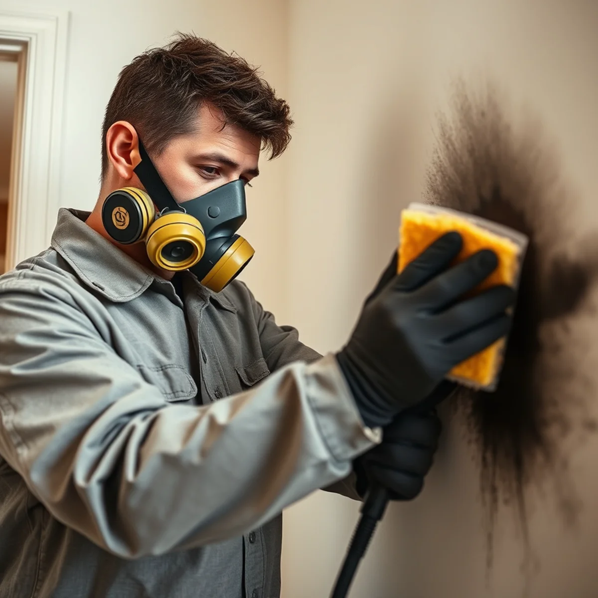 Technician using a chem sponge to remove soot from a wall in Atlanta