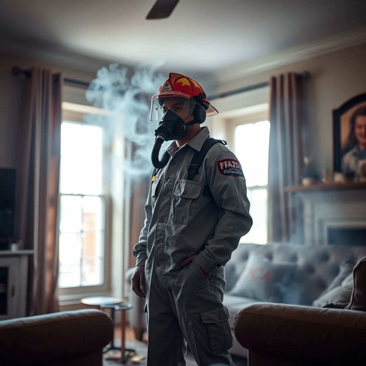 Lingering smoke haze in an Atlanta living room after a small fire