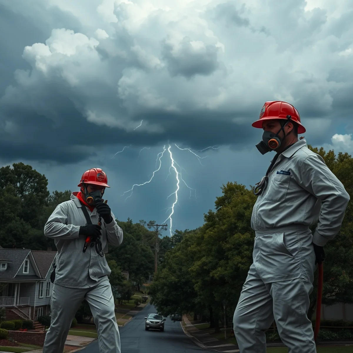 Storm clouds and lightning over Atlanta's tree-lined neighborhoods