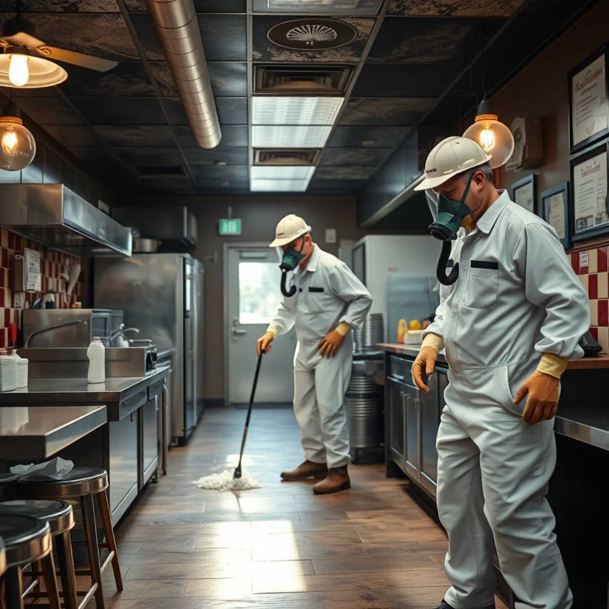 Commercial restaurant kitchen being cleaned after a grease fire in Atlanta