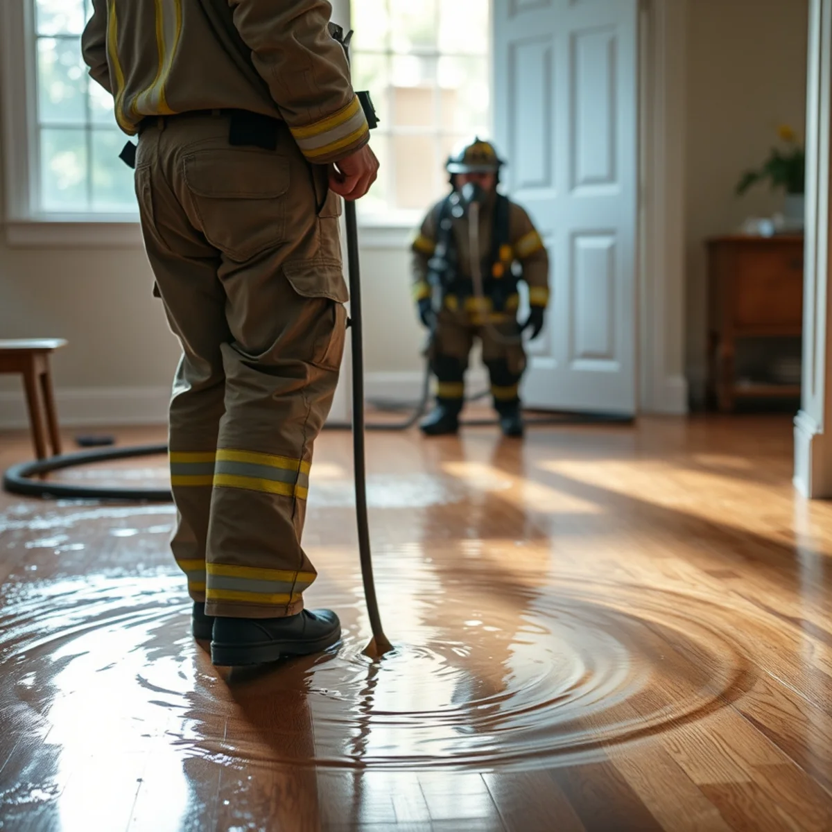 Standing firefighting water on the floor of an Atlanta home after a fire