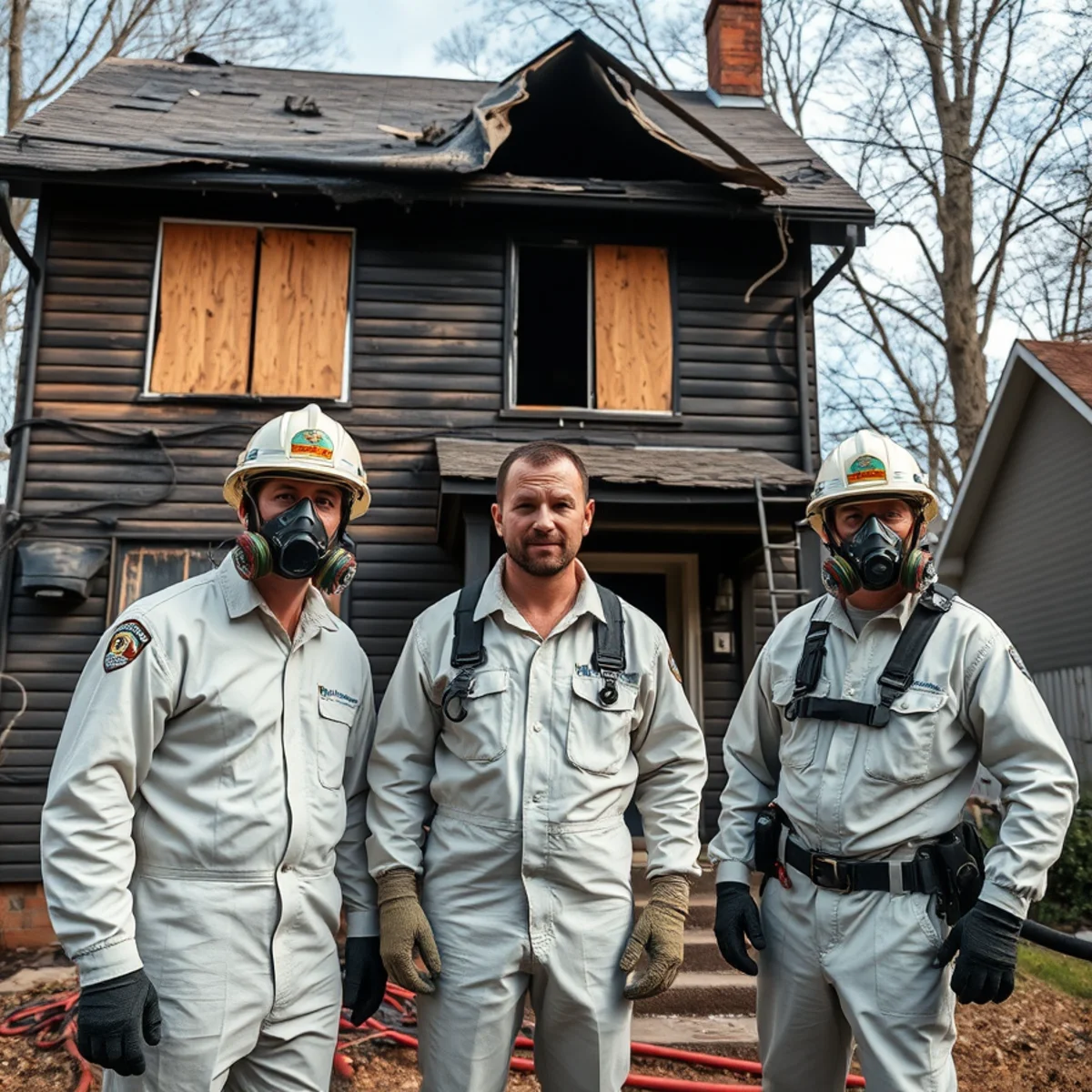 Fire-damaged Atlanta home with boarded windows and a tarped roof