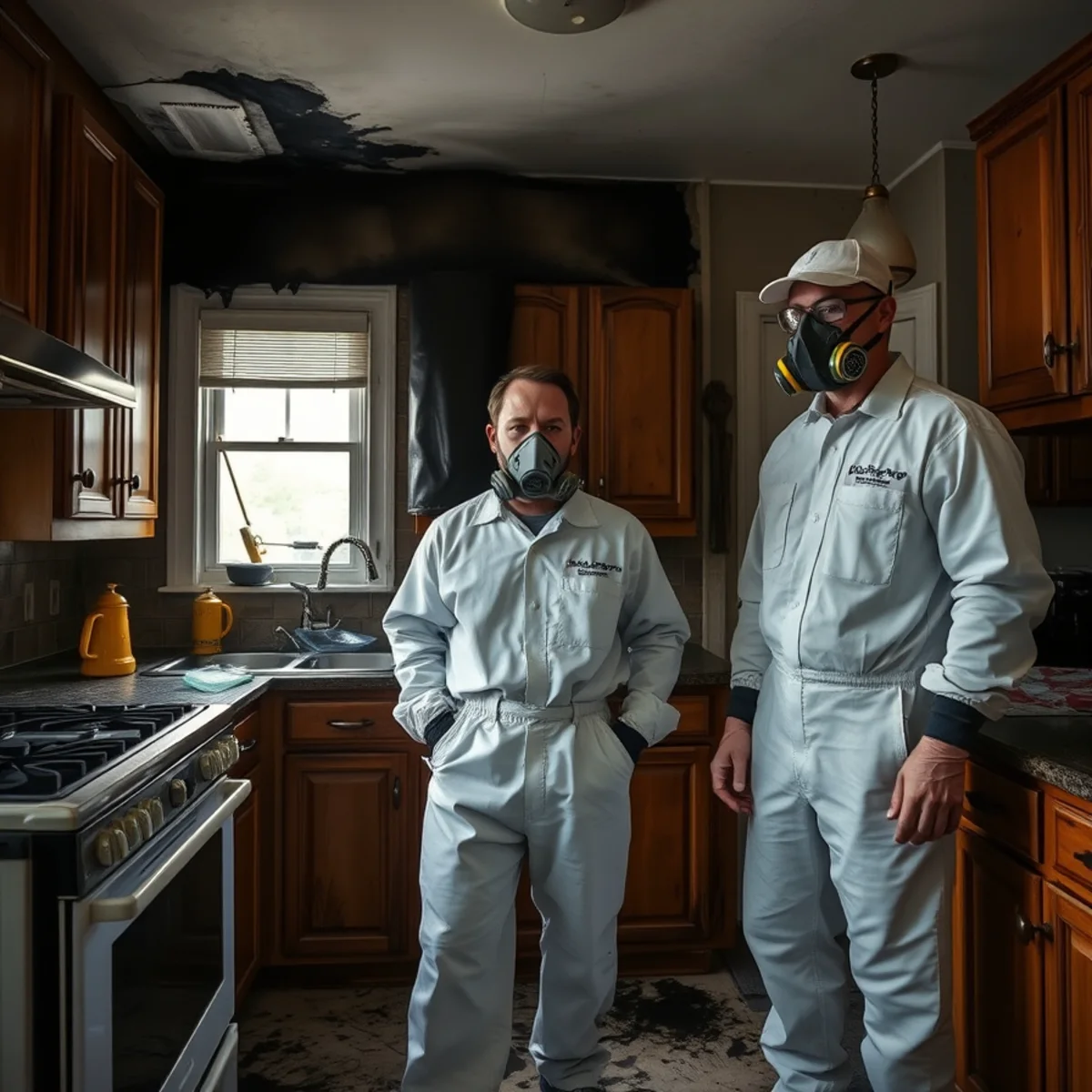 Kitchen with grease soot and smoke damage after a small stovetop fire