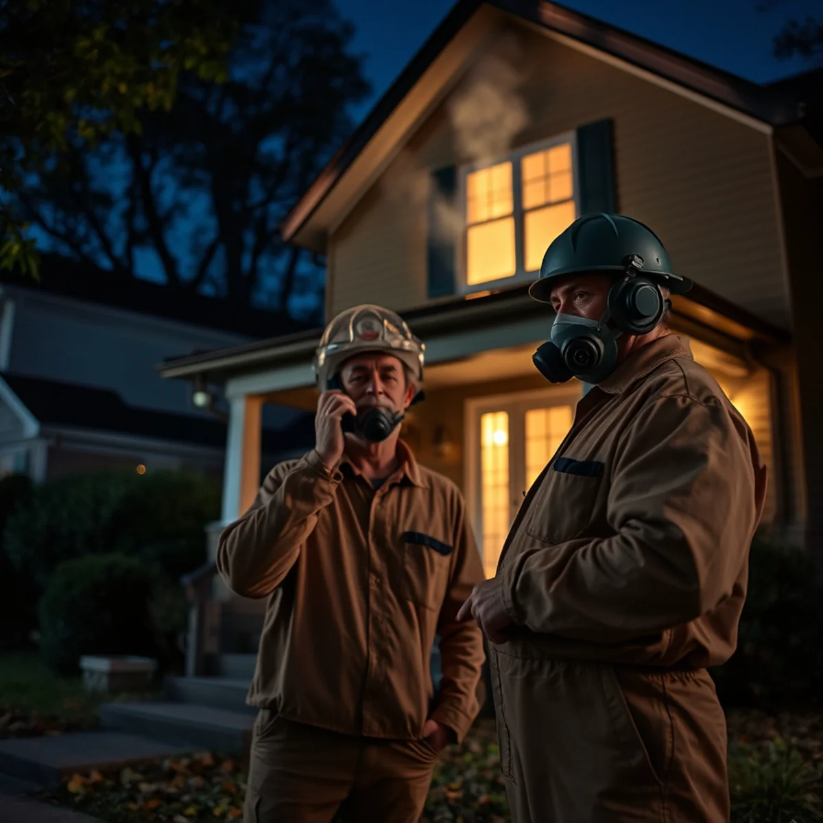 Atlanta homeowner on the phone outside a fire-damaged house at night