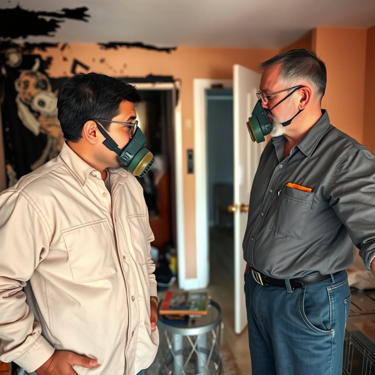Renter and landlord reviewing fire damage in a Georgia apartment
