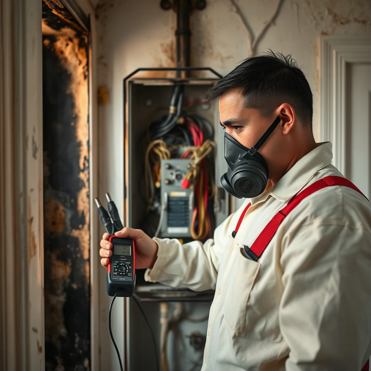 Electrician inspecting a fire-damaged electrical panel in an older Atlanta, GA home