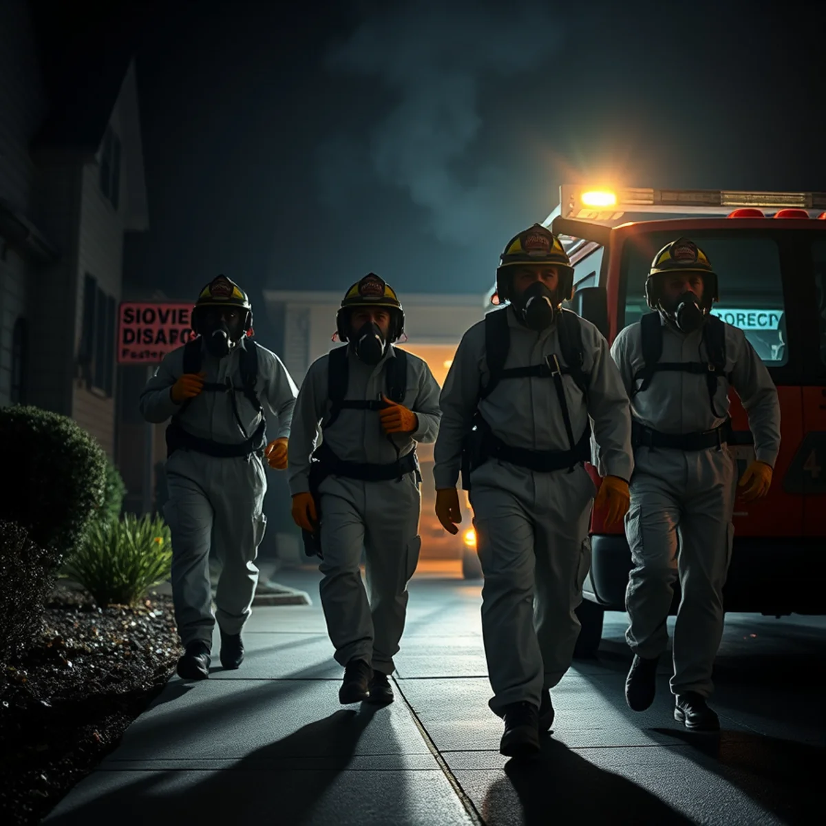 Emergency fire damage response crew arriving at an Atlanta, GA home at night