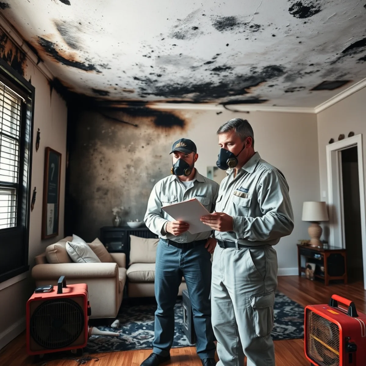 Fire damage restoration crew assessing a fire-damaged living room in an Atlanta, GA home