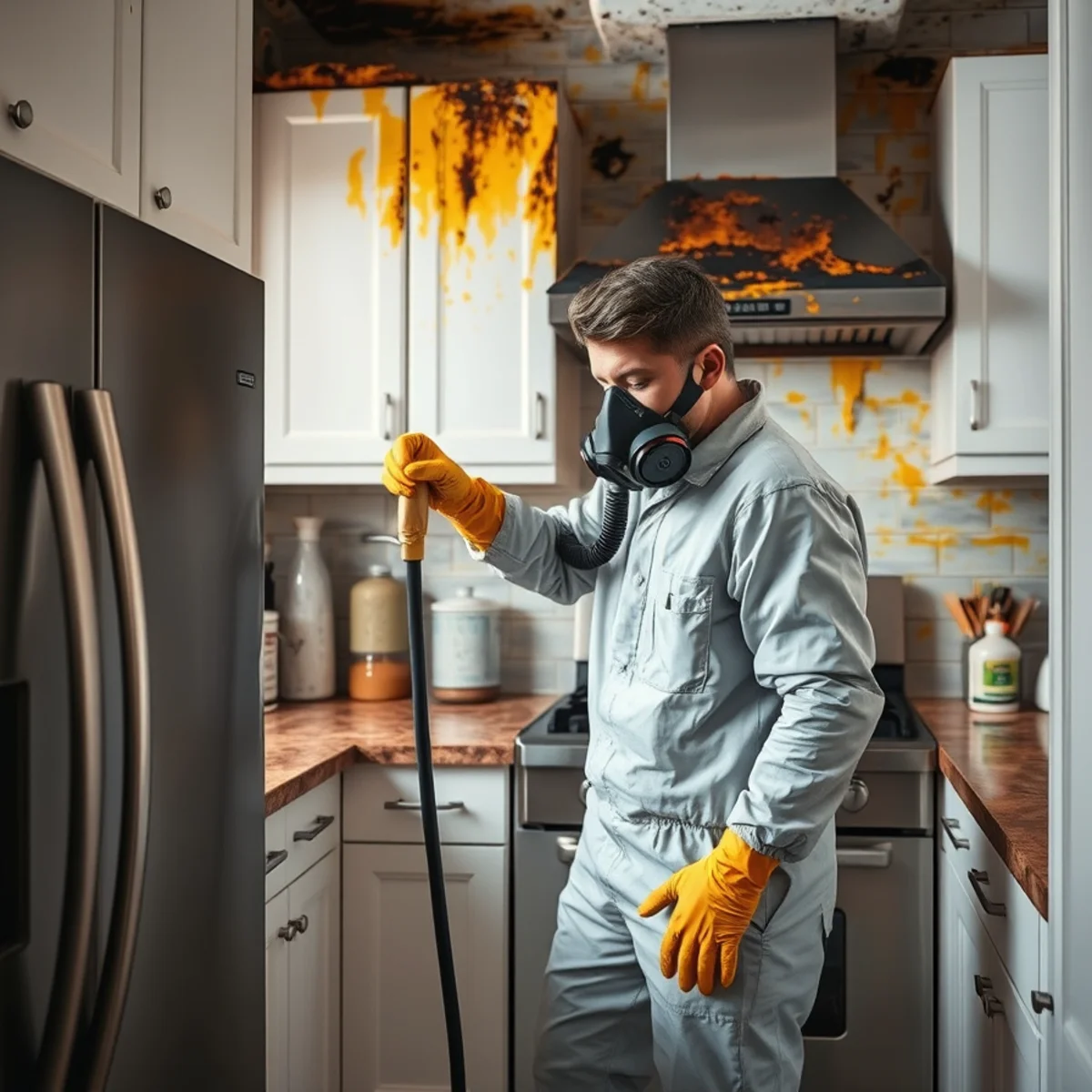 Technician cleaning grease soot from a kitchen after a fire in Atlanta, GA