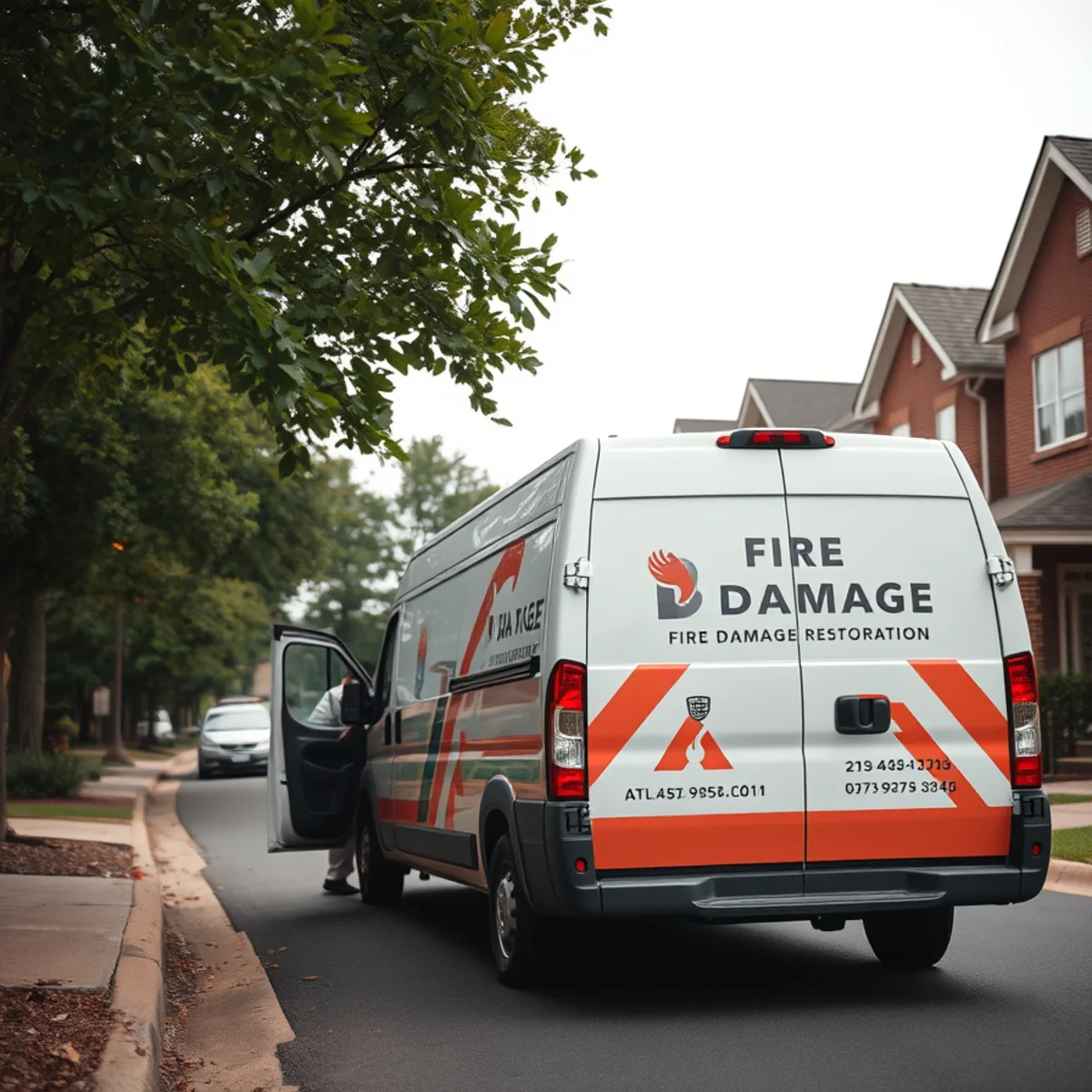 Branded fire damage restoration truck on a metro Atlanta residential street